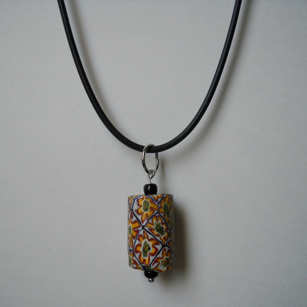Venetian Glass Pendant Medallion Vintage Bead Black Neoprene Cord Necklace